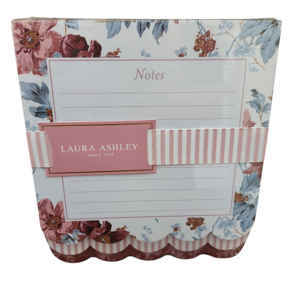 Laura Ashley NIP Scalloped Edge 3 Notepads Floral Stripe Pattern Pink Blue